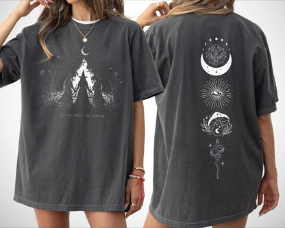 Girls Will Be Girls witch graphic tee in Pepper— coven of witches around a campfire with crescent moon, feminist occult design front and back design 