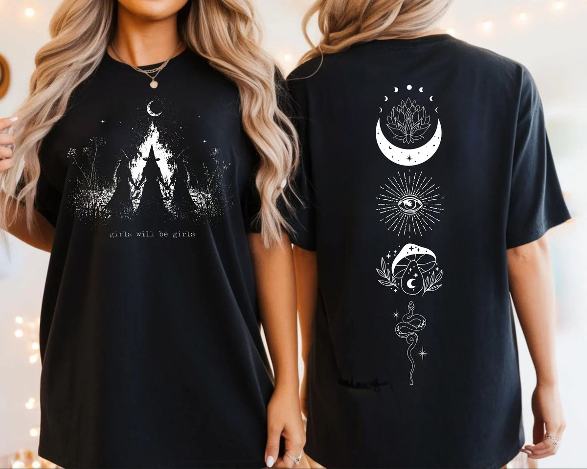 Girls Will Be Girls witch graphic tee in Black — coven of witches around a campfire with crescent moon, feminist occult design front and back design 