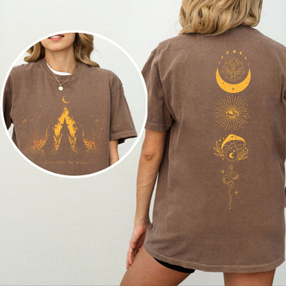 Girls Will Be Girls witch graphic tee in Espresso— coven of witches around a campfire with crescent moon, feminist occult design front and back design 