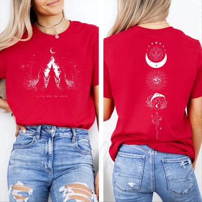 Girls Will Be Girls witch graphic tee in Red — coven of witches around a campfire with crescent moon, feminist occult design front and back design 