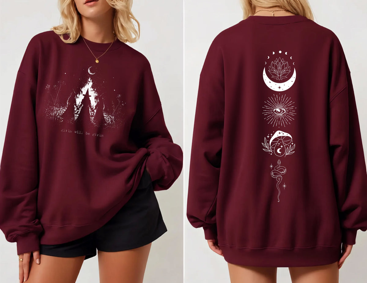 Girls Will Be Girls witch coven campfire crewneck sweatshirt in maroon — feminist Halloween graphic sweatshirt