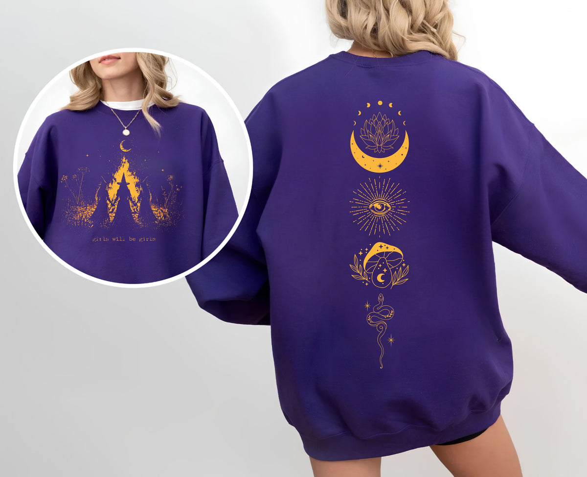 Girls Will Be Girls witch coven campfire crewneck sweatshirt in PURPLE — feminist Halloween graphic sweatshirt