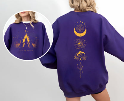 Girls Will Be Girls witch coven campfire crewneck sweatshirt in PURPLE — feminist Halloween graphic sweatshirt