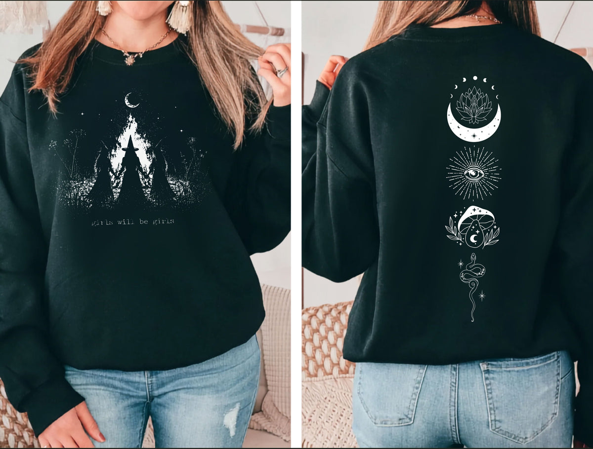 Girls Will Be Girls witch coven campfire crewneck sweatshirt in FOREST GREEN — feminist Halloween graphic sweatshirt
