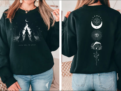 Girls Will Be Girls witch coven campfire crewneck sweatshirt in FOREST GREEN — feminist Halloween graphic sweatshirt