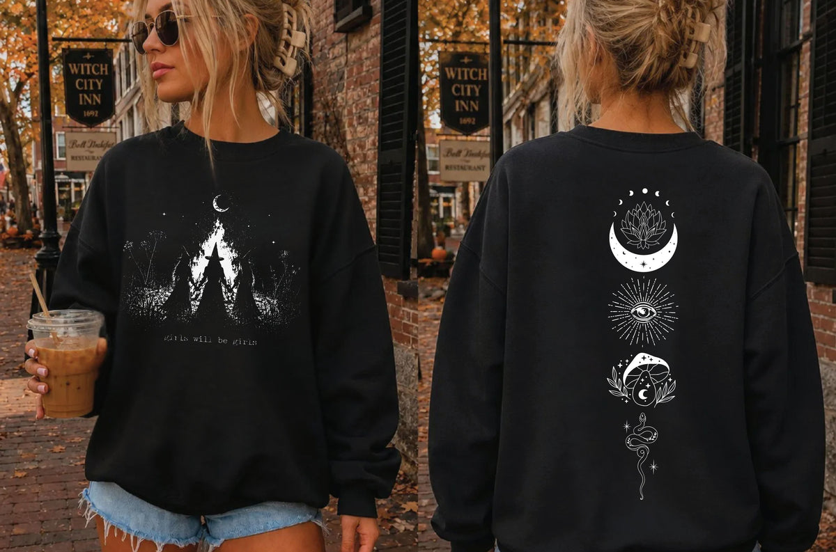 Girls Will Be Girls witch coven campfire crewneck sweatshirt in BLACK — feminist Halloween graphic sweatshirt