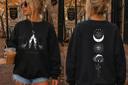 Girls Will Be Girls witch coven campfire crewneck sweatshirt in BLACK — feminist Halloween graphic sweatshirt