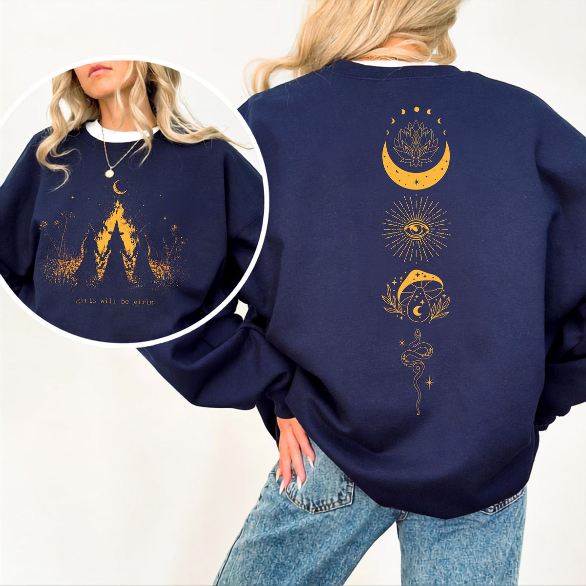 Girls Will Be Girls witch coven campfire crewneck sweatshirt in NAVY — feminist Halloween graphic sweatshirt
