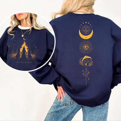 Girls Will Be Girls witch coven campfire crewneck sweatshirt in NAVY — feminist Halloween graphic sweatshirt