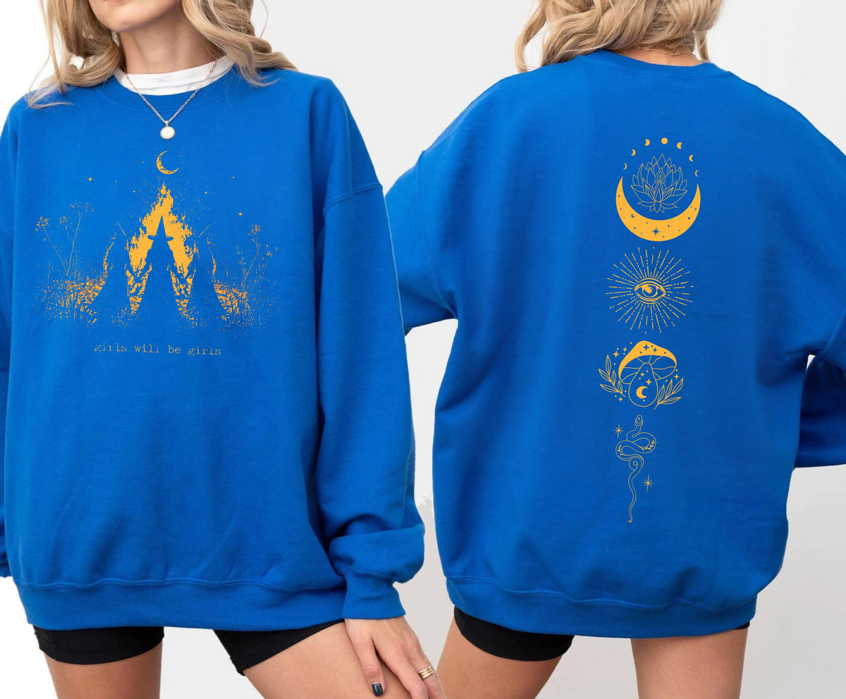 Girls Will Be Girls witch coven campfire crewneck sweatshirt in ROYAL BLUE — feminist Halloween graphic sweatshirt