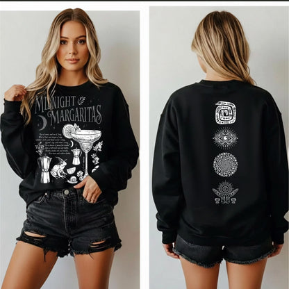 Midnight Margaritas crewneck sweatshirt in black — front cocktail graphic and occult cottagecore symbols on back, including COEXIST