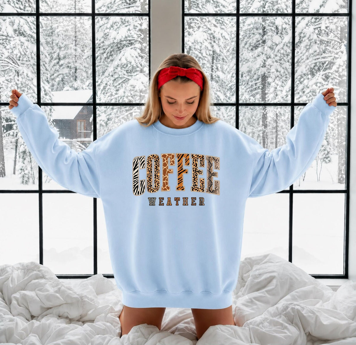 Coffee Weather Crewneck Sweatshirt in Light Blue – DTG animal print graphic, unisex cozy fall pullover