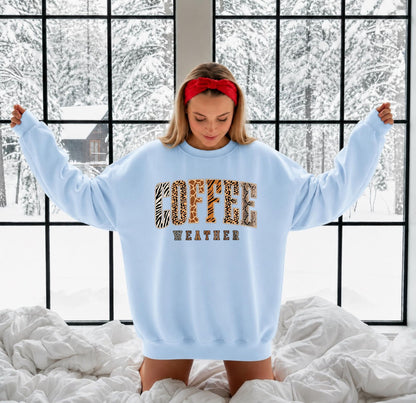 Coffee Weather Crewneck Sweatshirt in Light Blue – DTG animal print graphic, unisex cozy fall pullover