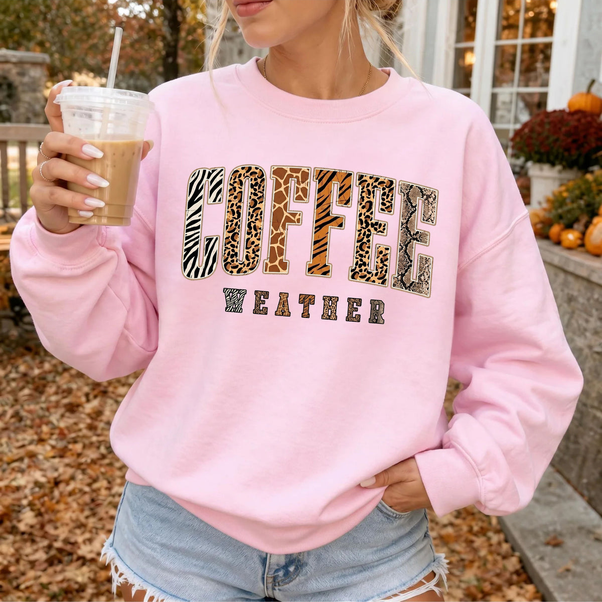 Coffee Weather Crewneck Sweatshirt in Light Pink – DTG animal print graphic, unisex cozy fall pullover