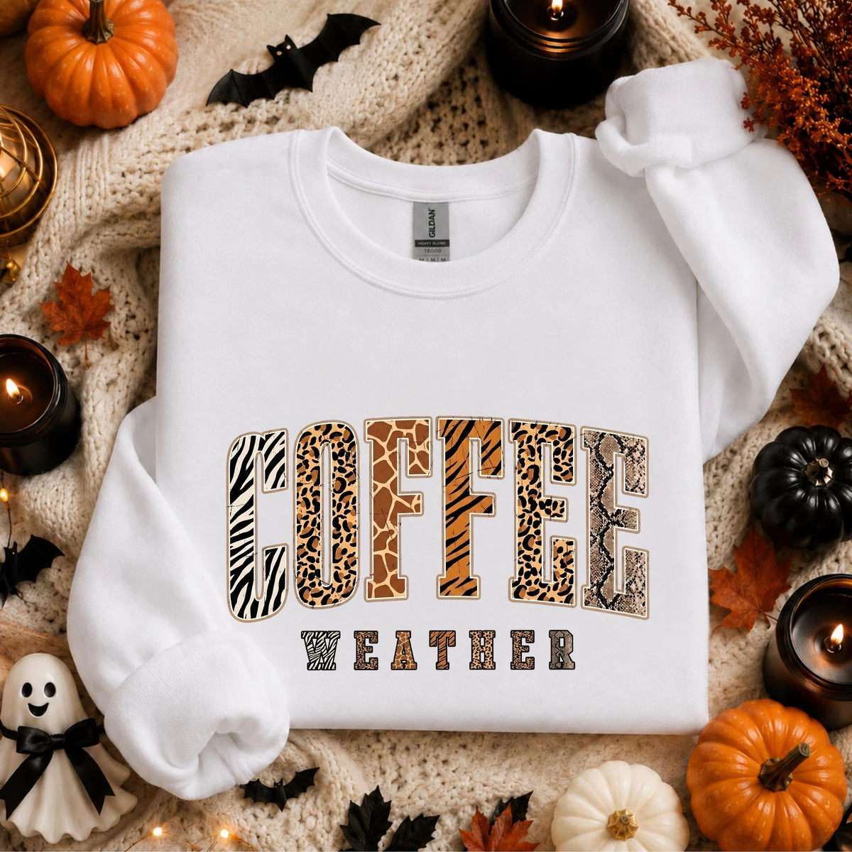 Coffee Weather Crewneck Sweatshirt in White – DTG animal print graphic, unisex cozy fall pullover