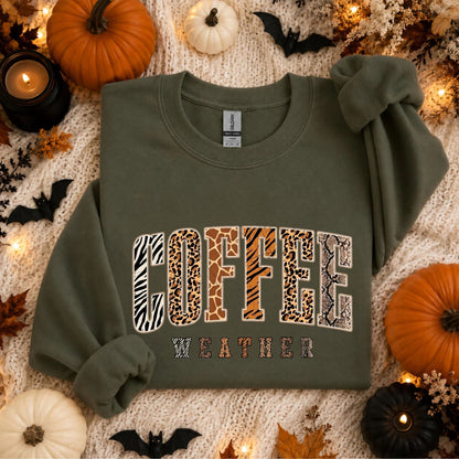 Coffee Weather Crewneck Sweatshirt in Military Green – DTG animal print graphic, unisex cozy fall pullover