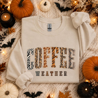 Coffee Weather Crewneck Sweatshirt in Sand – DTG animal print graphic, unisex cozy fall pullover