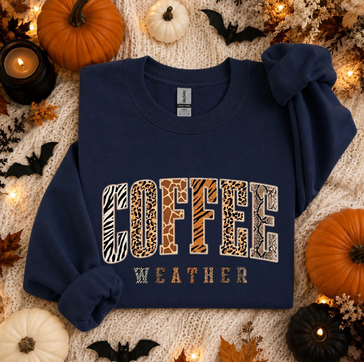 Coffee Weather Crewneck Sweatshirt in Navy – DTG animal print graphic, unisex cozy fall pullover