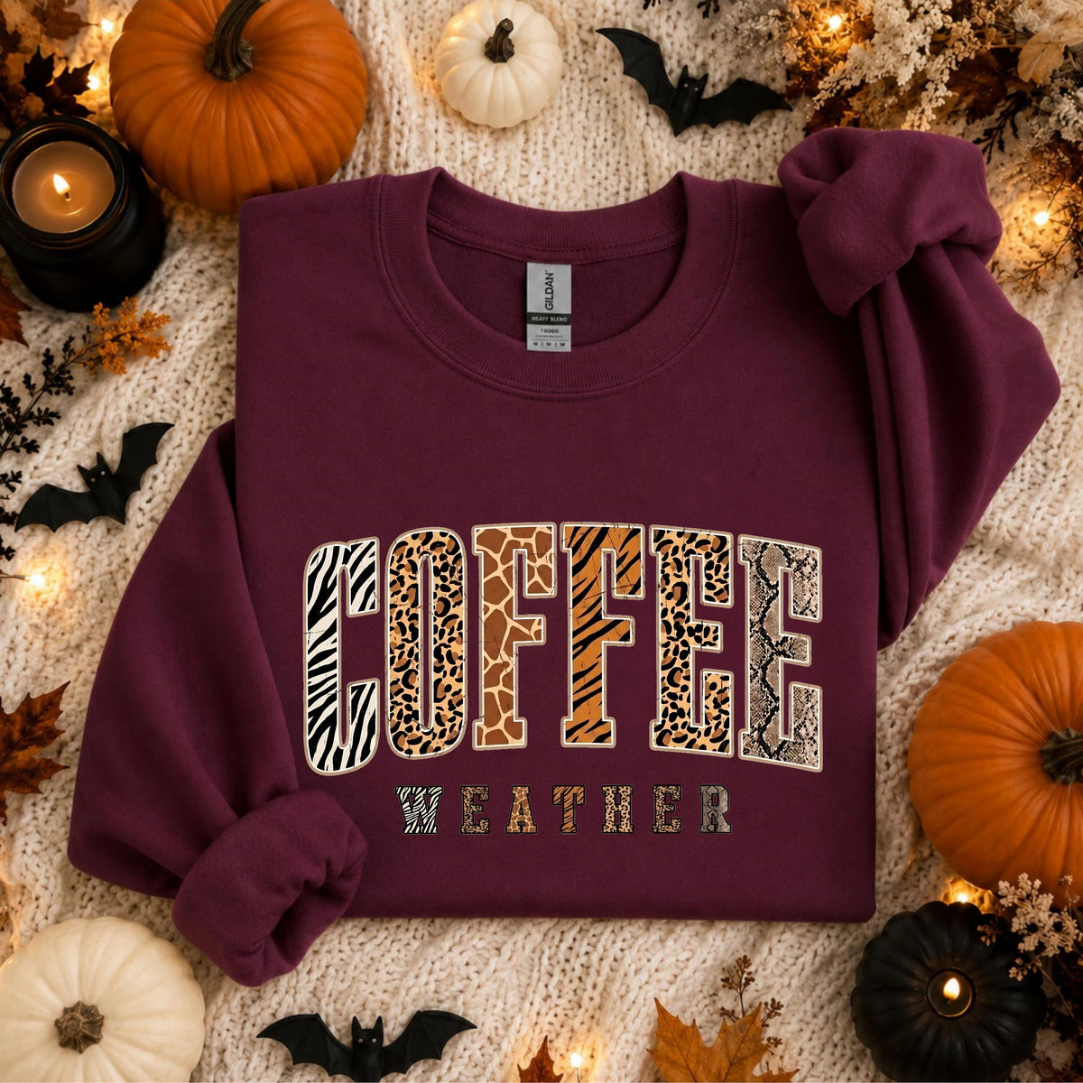 Coffee Weather Crewneck Sweatshirt in Maroon – DTG animal print graphic, unisex cozy fall pullover