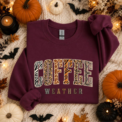Coffee Weather Crewneck Sweatshirt in Maroon – DTG animal print graphic, unisex cozy fall pullover