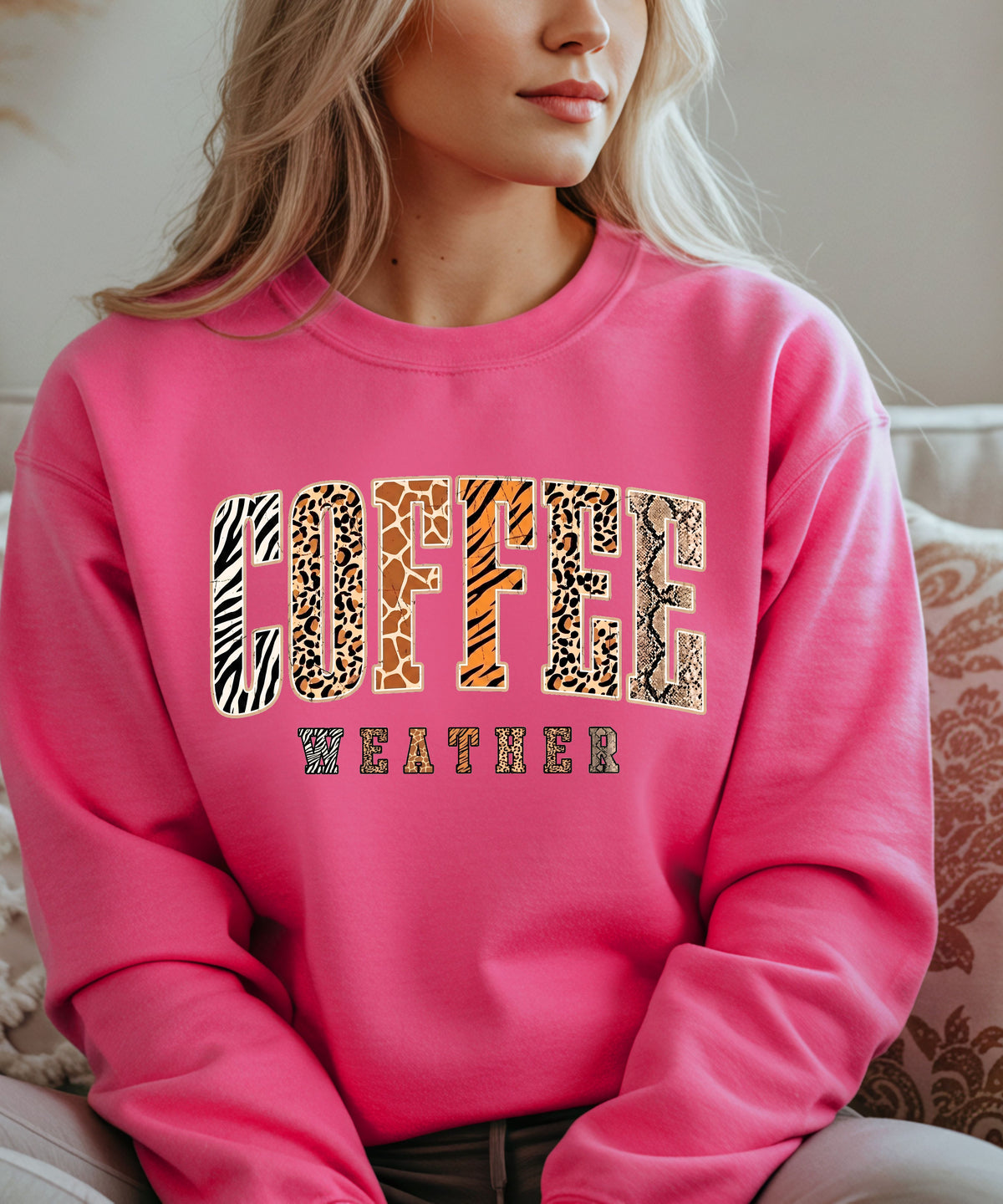 Coffee Weather Crewneck Sweatshirt in Heliconia – DTG animal print graphic, unisex cozy fall pullover