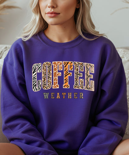 Coffee Weather Crewneck Sweatshirt in Purple – DTG animal print graphic, unisex cozy fall pullover