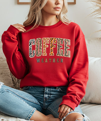 Coffee Weather Crewneck Sweatshirt in Red – DTG animal print graphic, unisex cozy fall pullover
