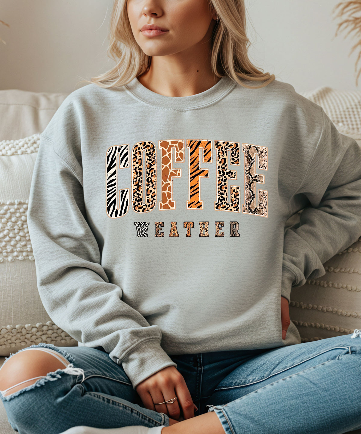 Coffee Weather Crewneck Sweatshirt in Ash – DTG animal print graphic, unisex cozy fall pullover