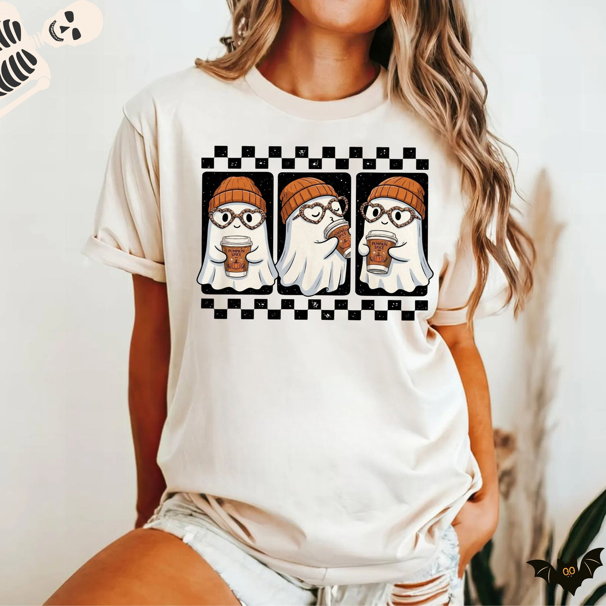 Ghost pumpkin spice coffee t-shirt in Ivory — cute beanie ghost graphic tee for fall