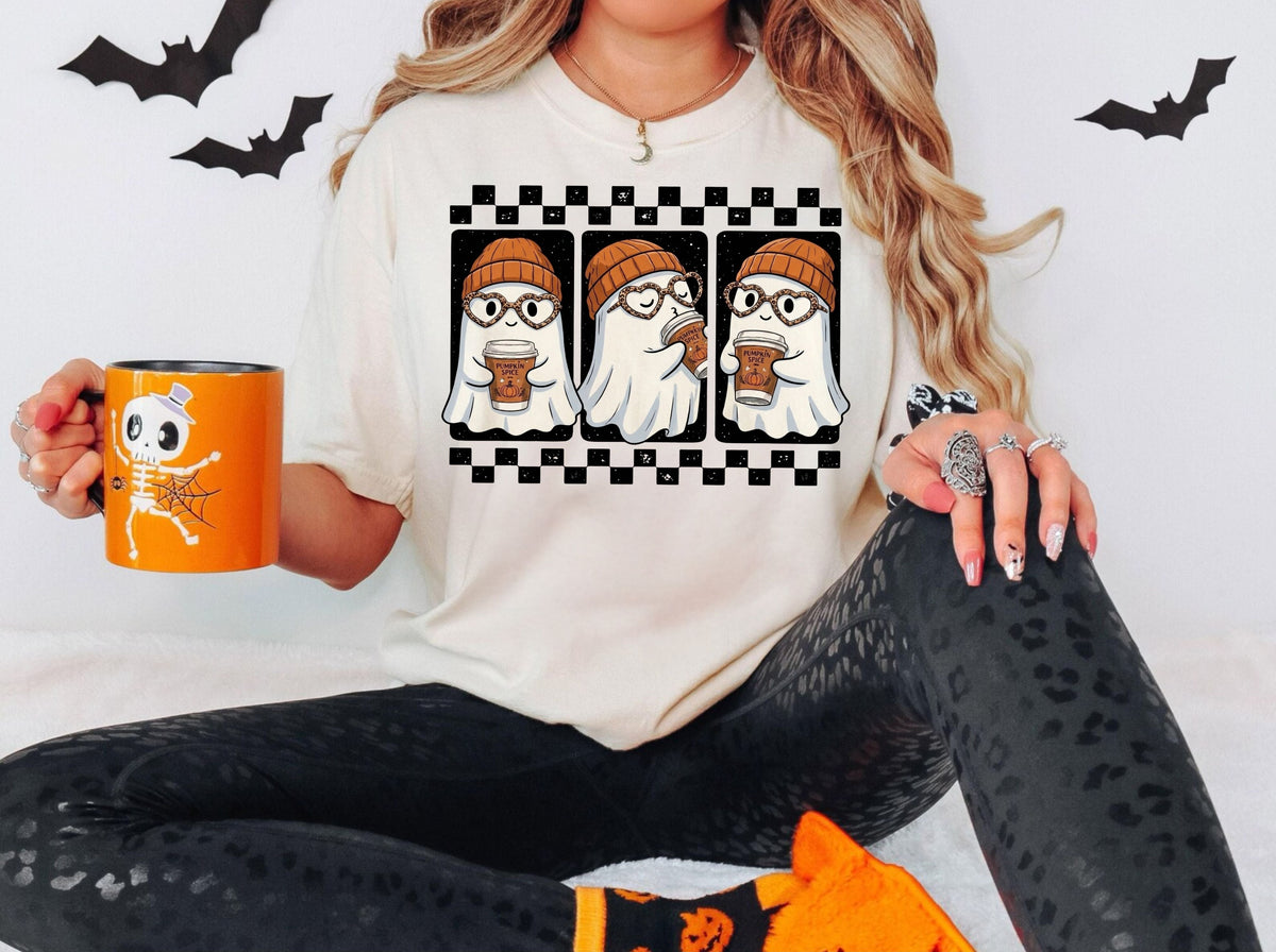 Ghost pumpkin spice coffee t-shirt in Ivory — cute beanie ghost graphic tee for fall
