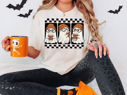 Ghost pumpkin spice coffee t-shirt in Ivory — cute beanie ghost graphic tee for fall