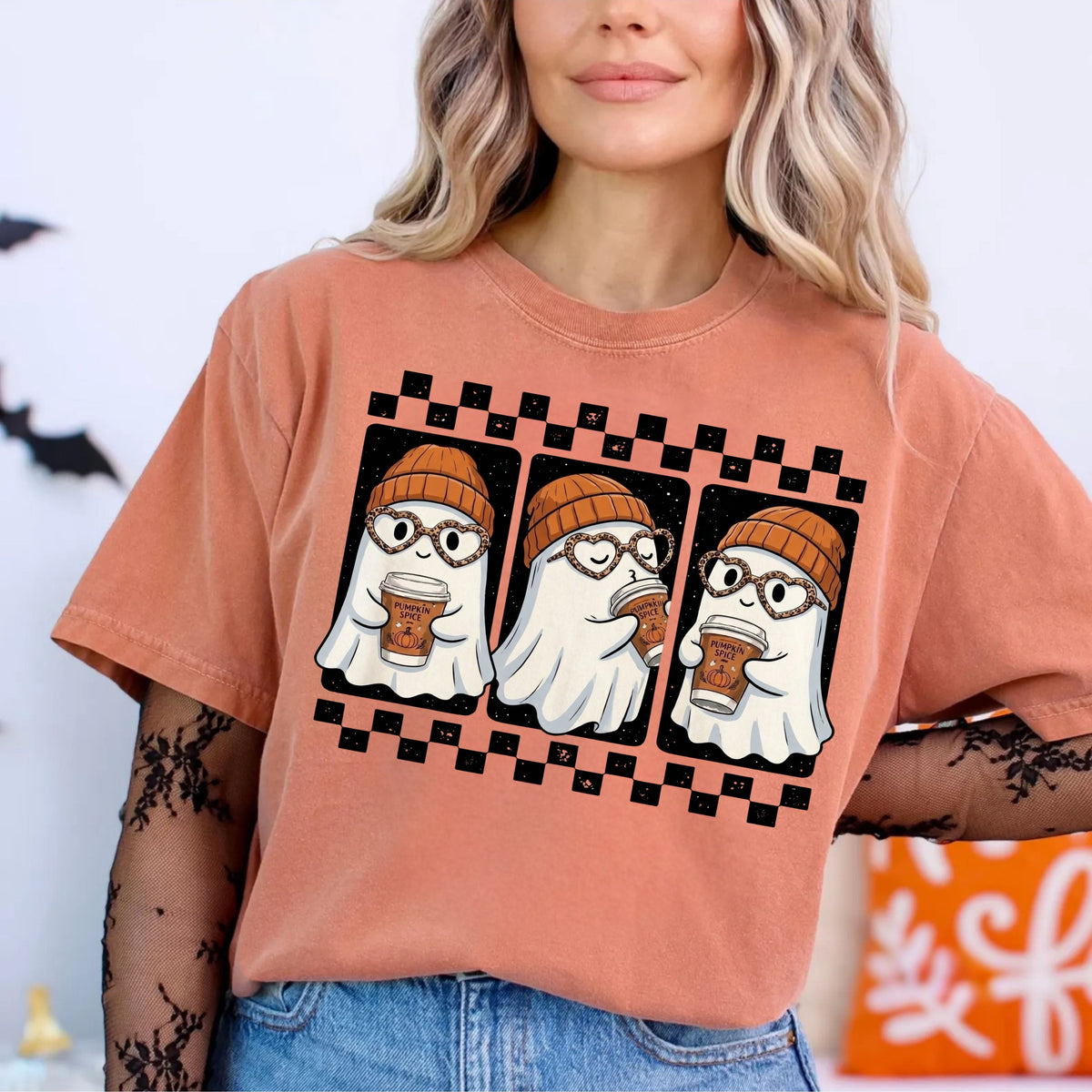 Ghost pumpkin spice coffee t-shirt in Yam — cute beanie ghost graphic tee for fall