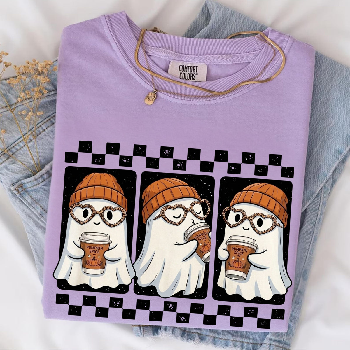 Ghost pumpkin spice coffee t-shirt in Orchid — cute beanie ghost graphic tee for fall