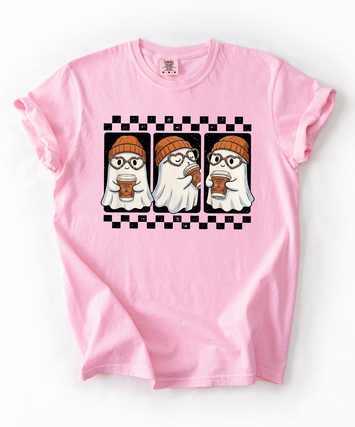 Ghost pumpkin spice coffee t-shirt in Blossom — cute beanie ghost graphic tee for fall