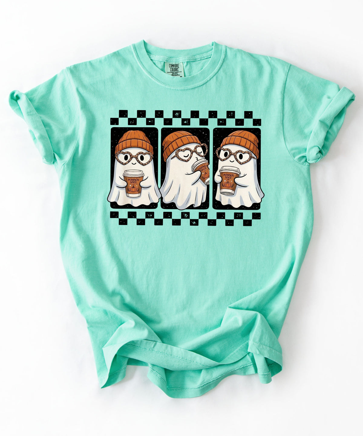 Ghost pumpkin spice coffee t-shirt in Island Reef — cute beanie ghost graphic tee for fall