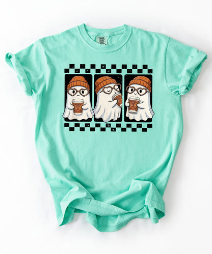 Ghost pumpkin spice coffee t-shirt in Island Reef — cute beanie ghost graphic tee for fall