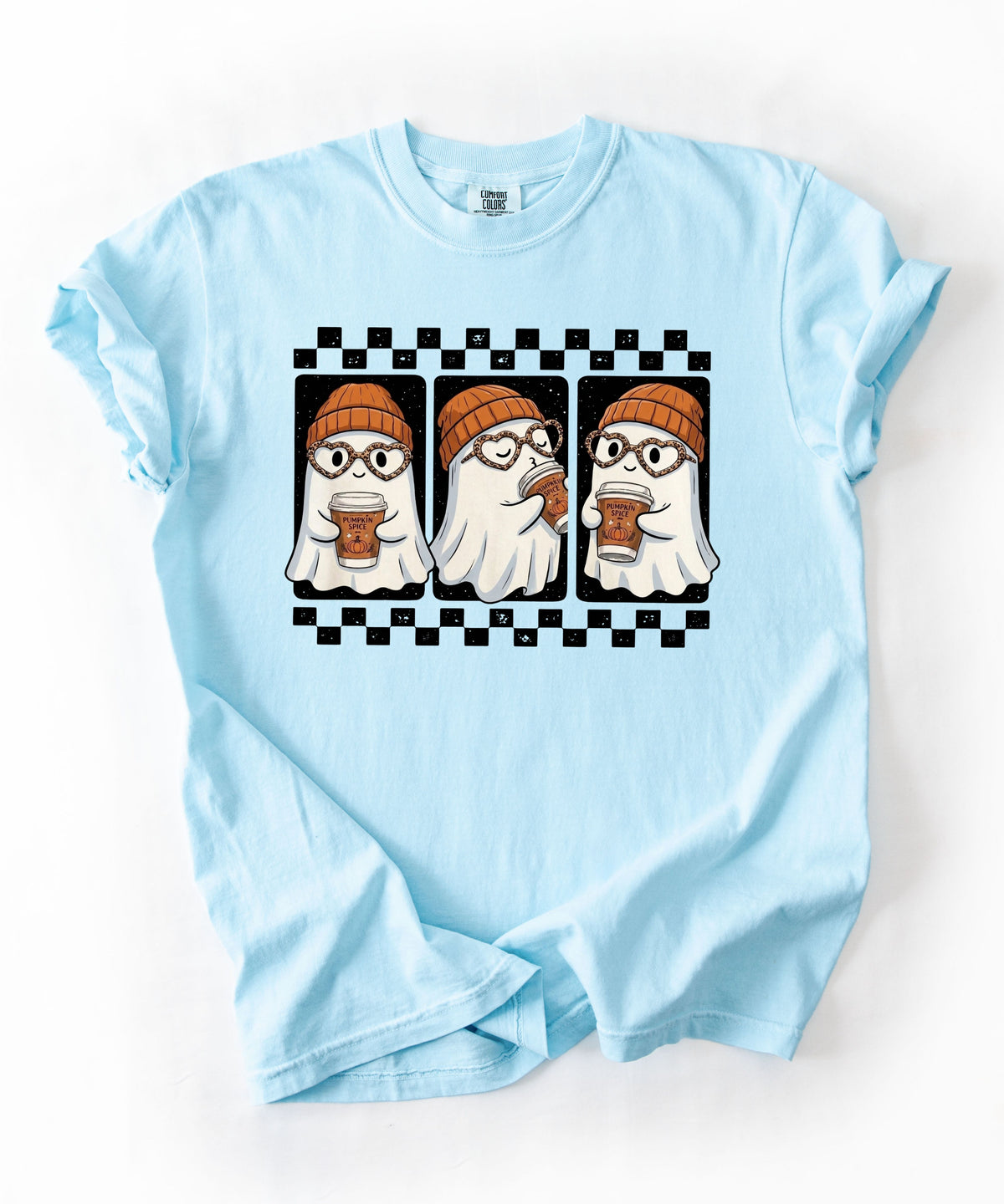 Ghost pumpkin spice coffee t-shirt in Chambray — cute beanie ghost graphic tee for fall