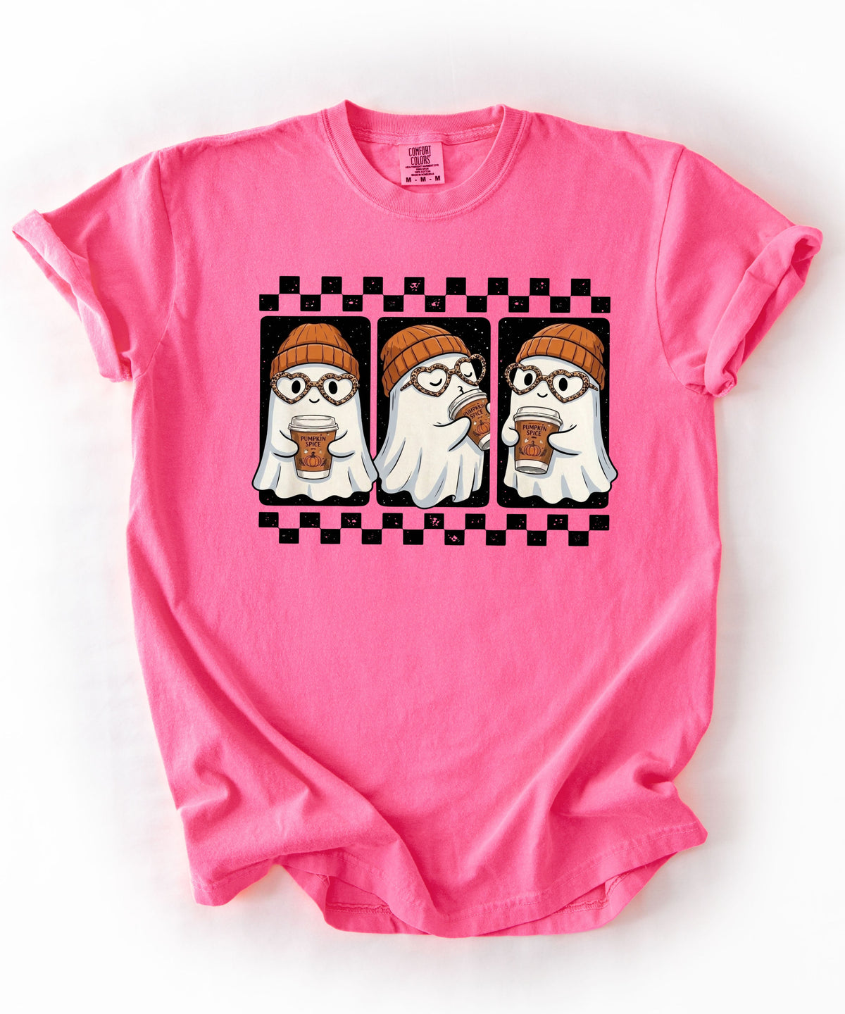 Ghost pumpkin spice coffee t-shirt in neon Pink — cute beanie ghost graphic tee for fall