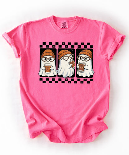 Ghost pumpkin spice coffee t-shirt in neon Pink — cute beanie ghost graphic tee for fall