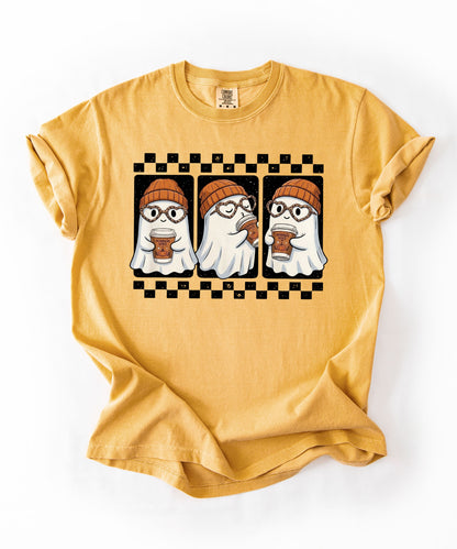 Ghost pumpkin spice coffee t-shirt in Mustard — cute beanie ghost graphic tee for fall