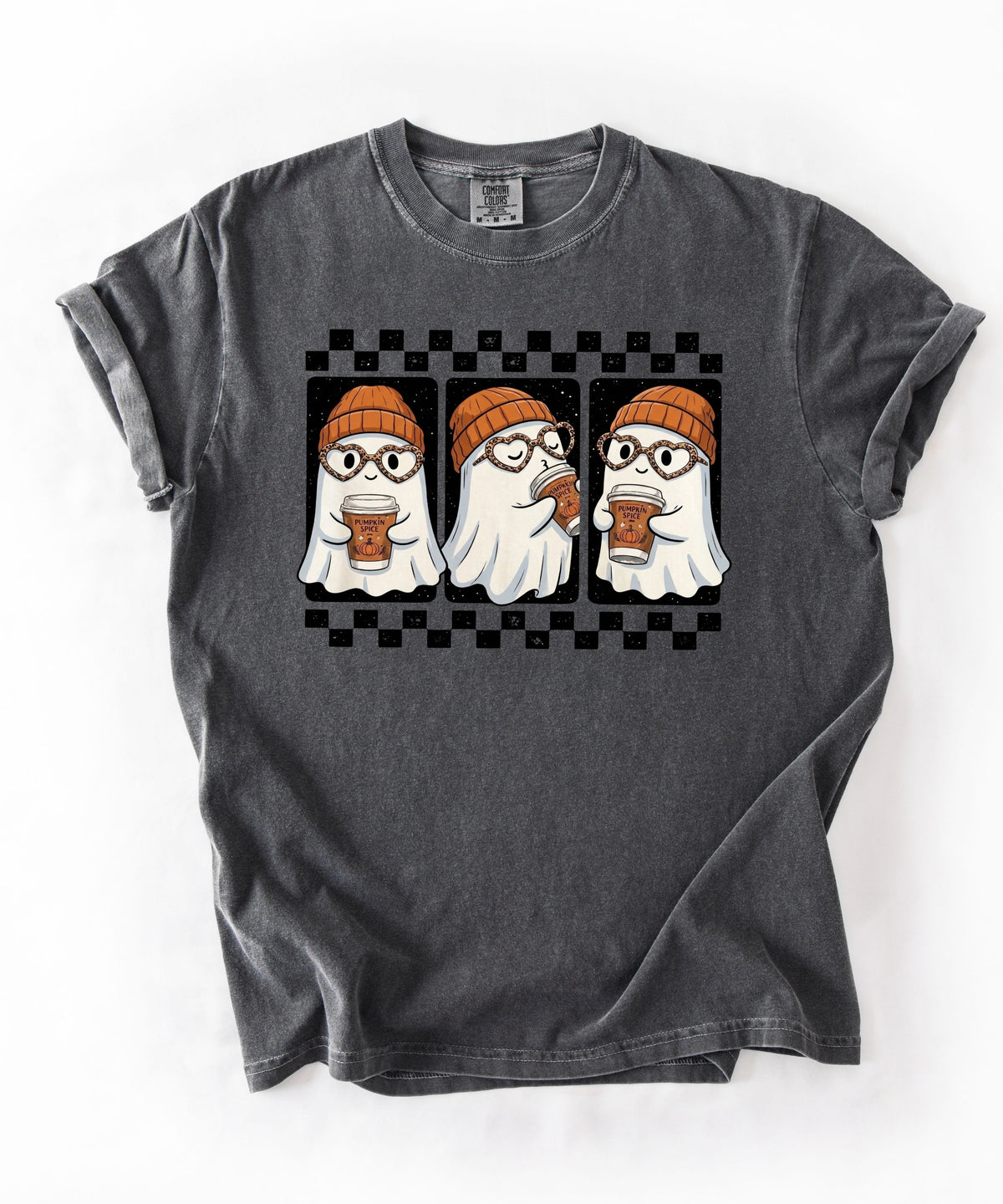 Ghost pumpkin spice coffee t-shirt in Pepper — cute beanie ghost graphic tee for fall