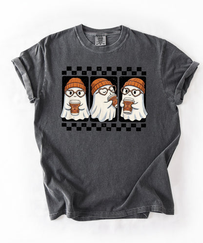 Ghost pumpkin spice coffee t-shirt in Pepper — cute beanie ghost graphic tee for fall