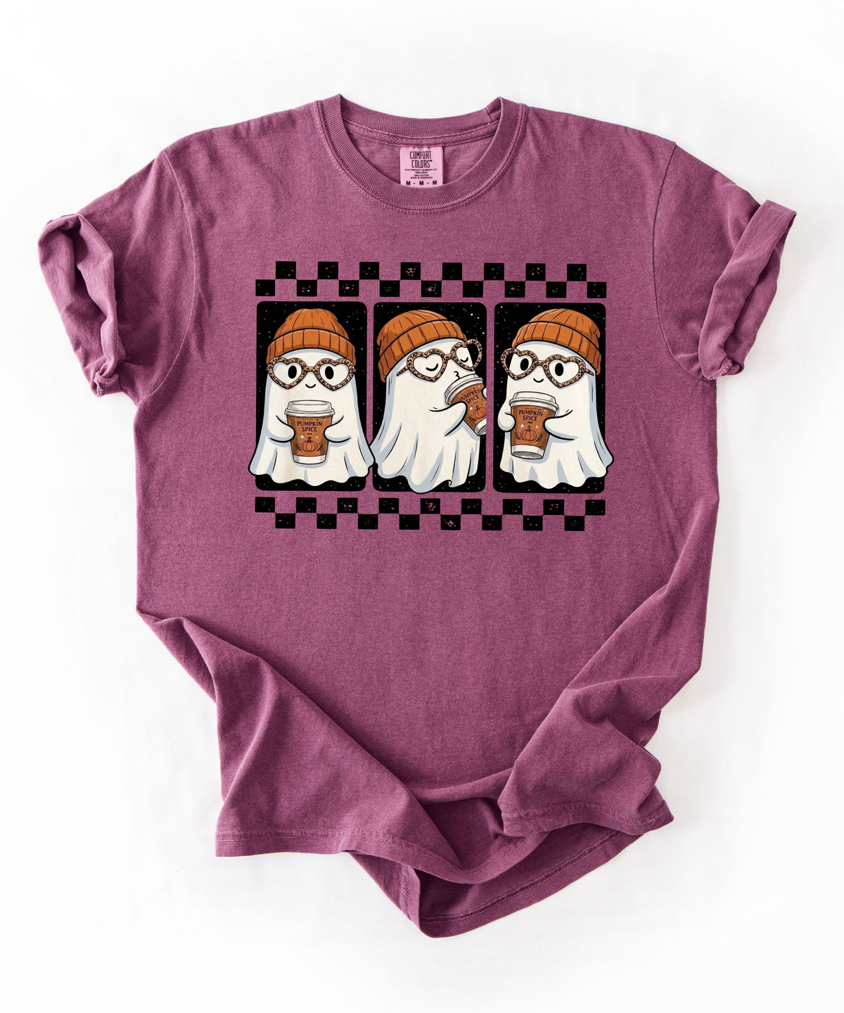 Ghost pumpkin spice coffee t-shirt in Berry — cute beanie ghost graphic tee for fall
