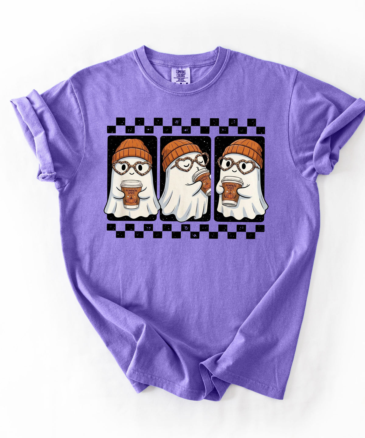 Ghost pumpkin spice coffee t-shirt in Violet — cute beanie ghost graphic tee for fall