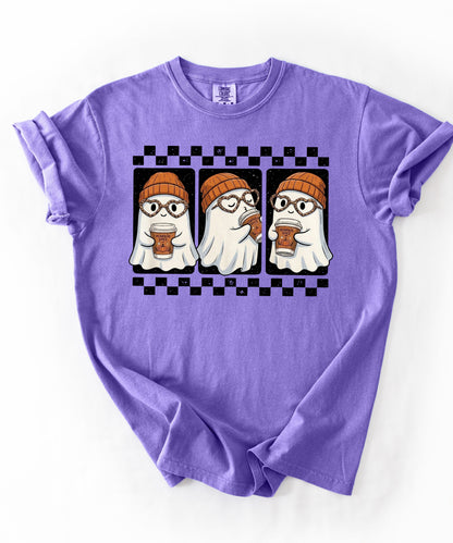 Ghost pumpkin spice coffee t-shirt in Violet — cute beanie ghost graphic tee for fall