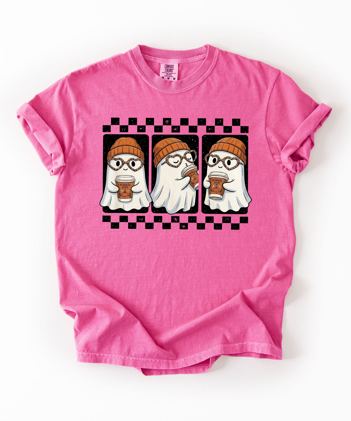 Ghost pumpkin spice coffee t-shirt in Crunchberry— cute beanie ghost graphic tee for fall