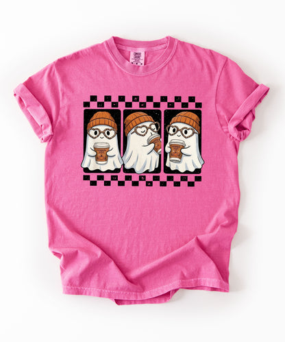 Ghost pumpkin spice coffee t-shirt in Crunchberry— cute beanie ghost graphic tee for fall