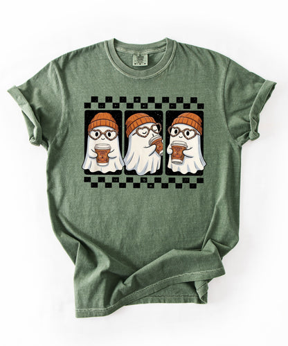 Ghost pumpkin spice coffee t-shirt in Moss — cute beanie ghost graphic tee for fall