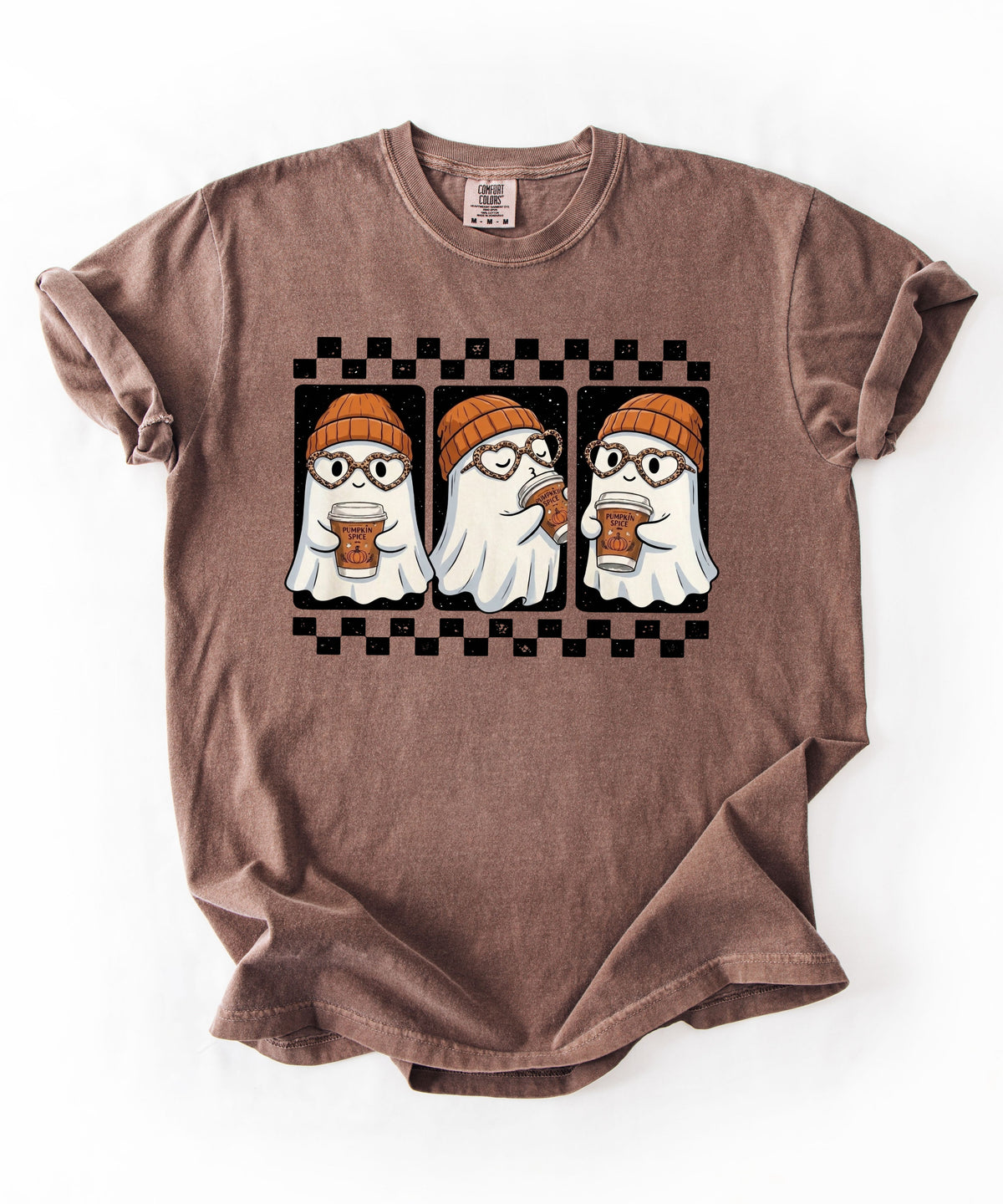 Ghost pumpkin spice coffee t-shirt in Espresso — cute beanie ghost graphic tee for fall