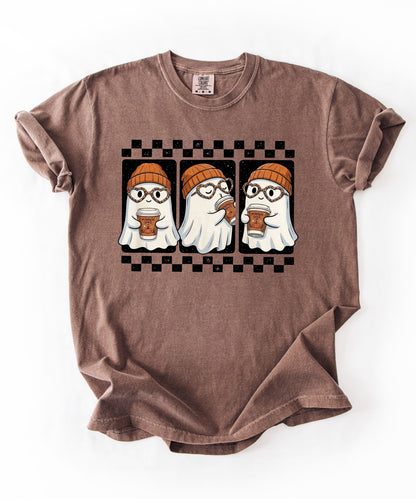 Ghost pumpkin spice coffee t-shirt in Espresso — cute beanie ghost graphic tee for fall